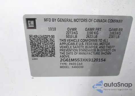 2019 Cadillac Xts Luxury z USA, uszkodzony, nr VIN 2G61M5S3XK9120154